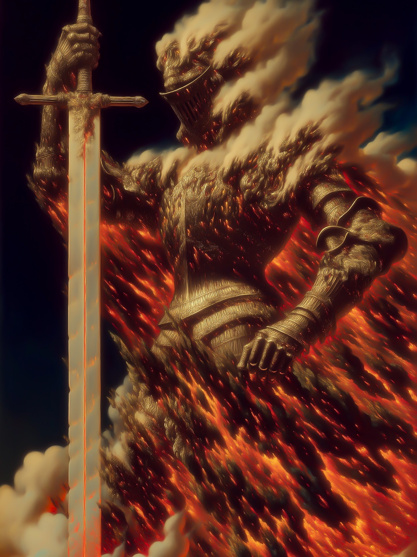 Illustration of a knight in full armor, engulfed in flames, wielding a sword against a dark, cloudy sky, creating a dramatic scene.